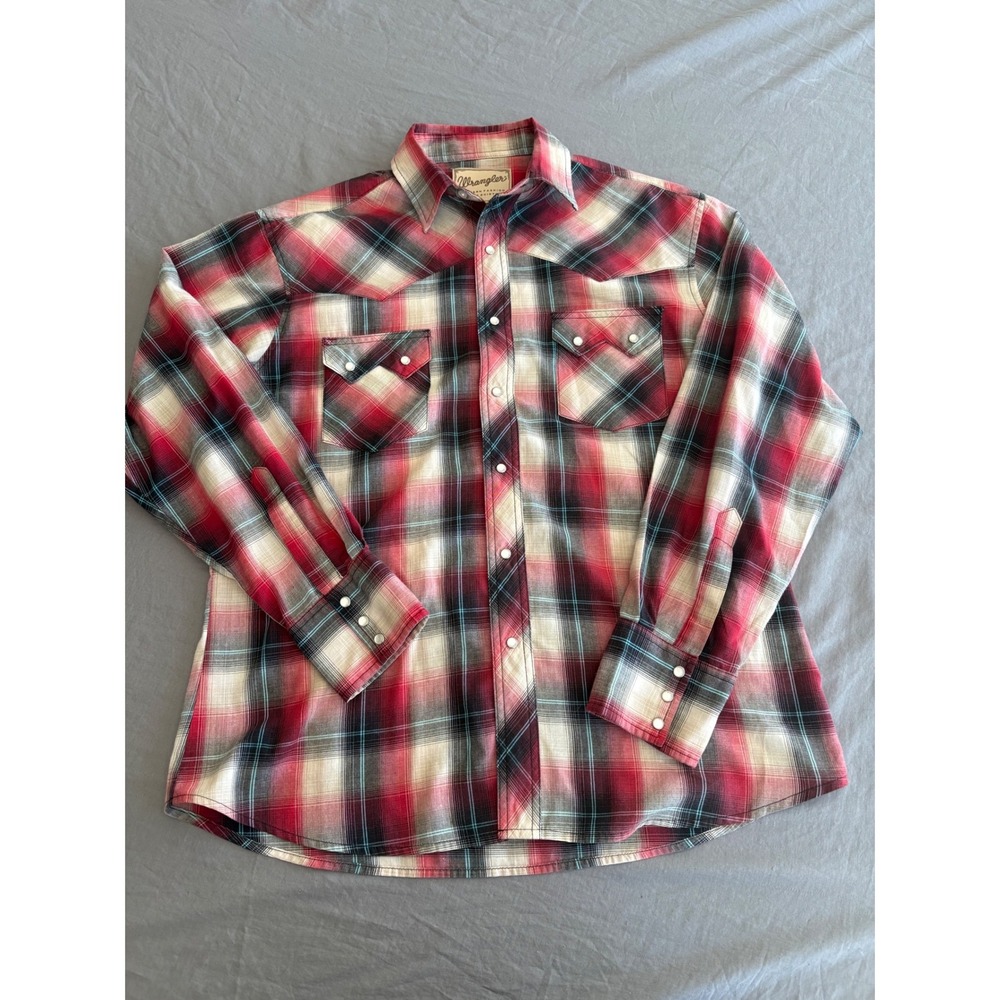 WRANGLER Western Fashion Men Red Check Plaid Pearl Snap Sawtooth Pocket Shirt XL